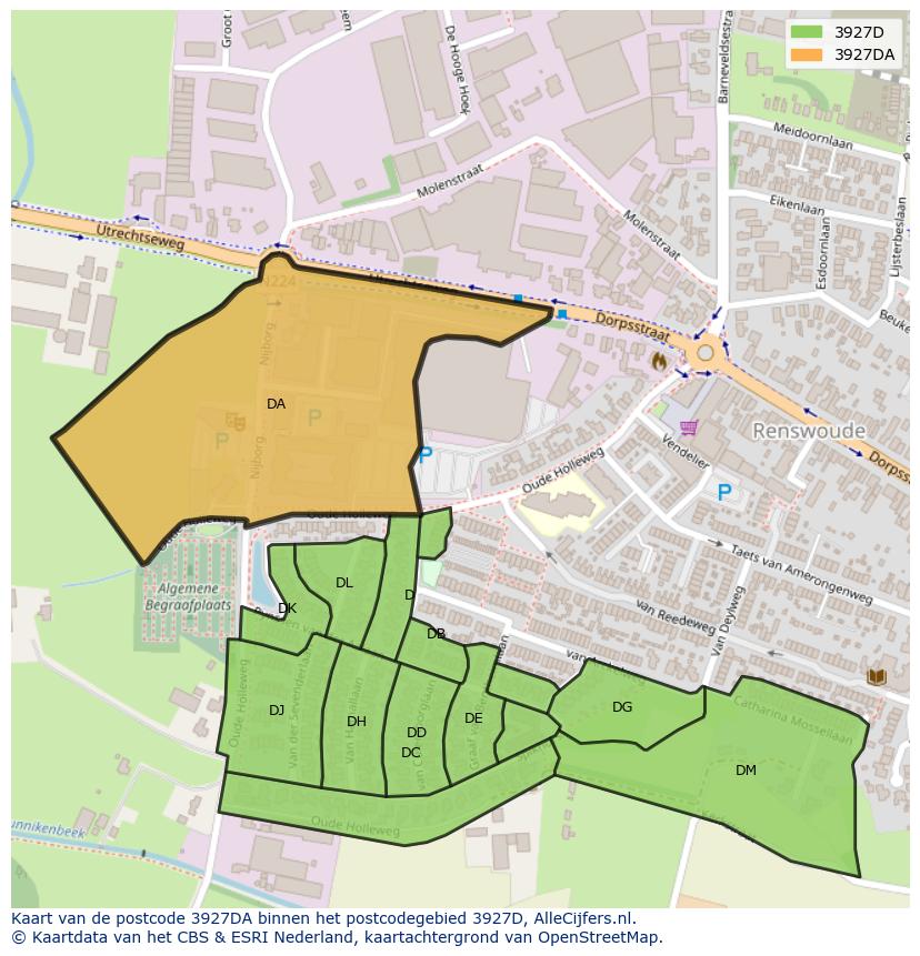 Afbeelding van het postcodegebied 3927 DA op de kaart.