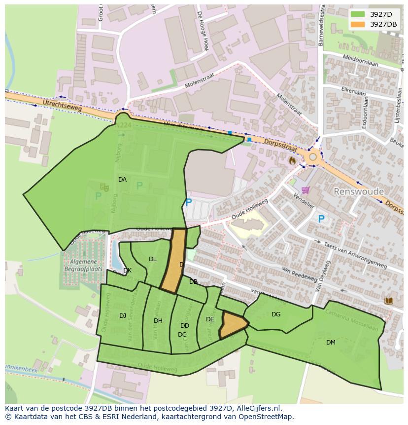 Afbeelding van het postcodegebied 3927 DB op de kaart.