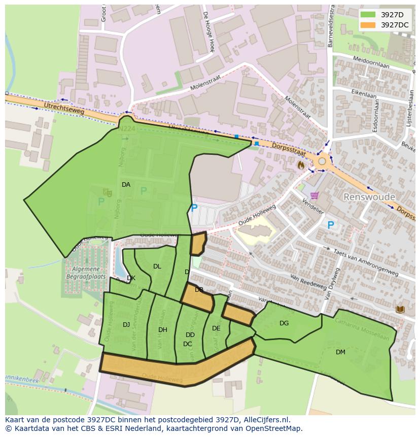 Afbeelding van het postcodegebied 3927 DC op de kaart.