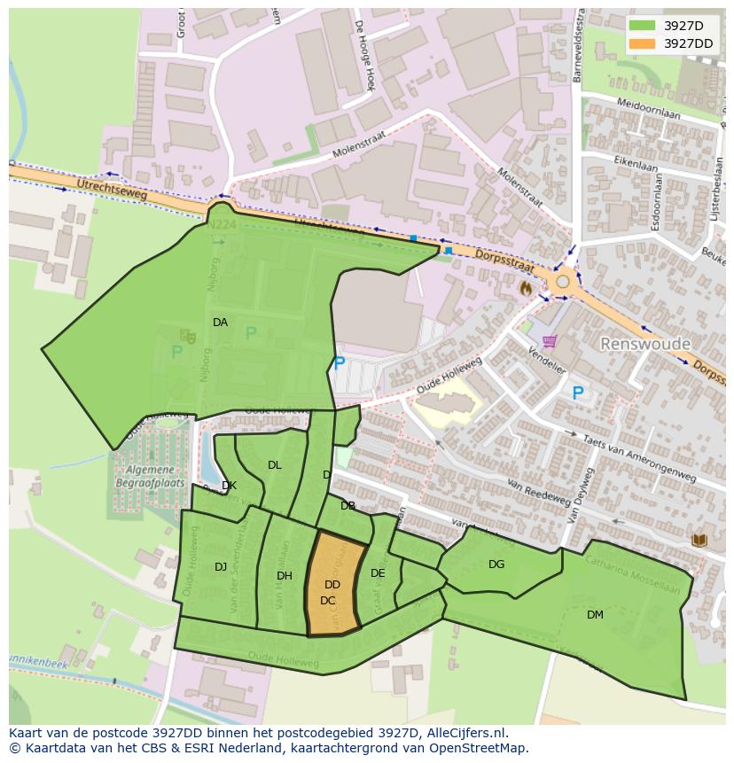 Afbeelding van het postcodegebied 3927 DD op de kaart.