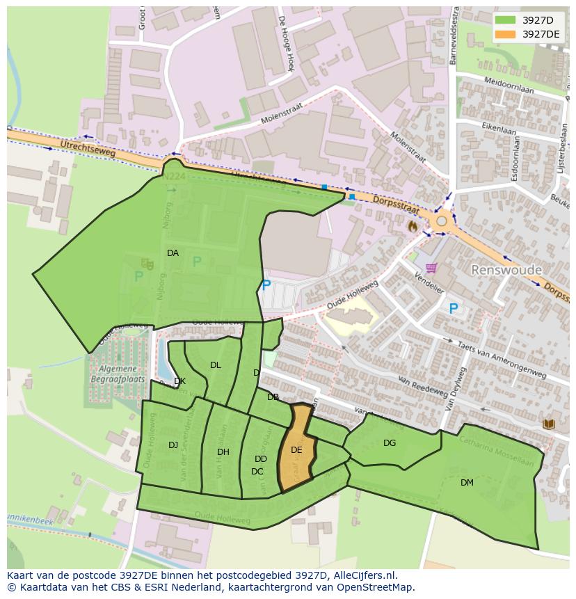 Afbeelding van het postcodegebied 3927 DE op de kaart.