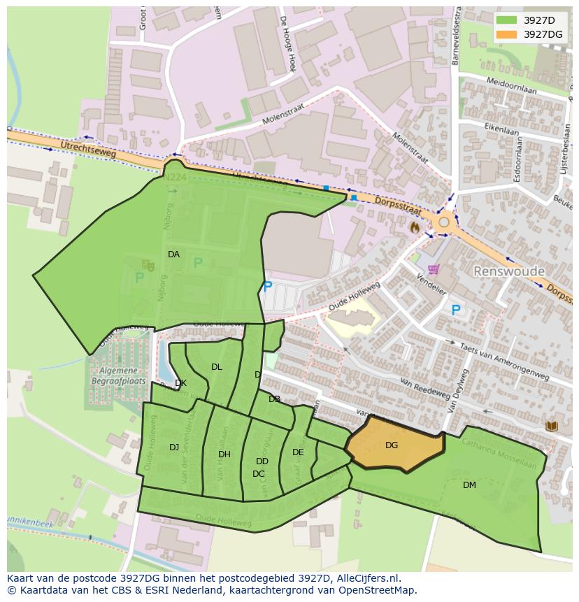 Afbeelding van het postcodegebied 3927 DG op de kaart.