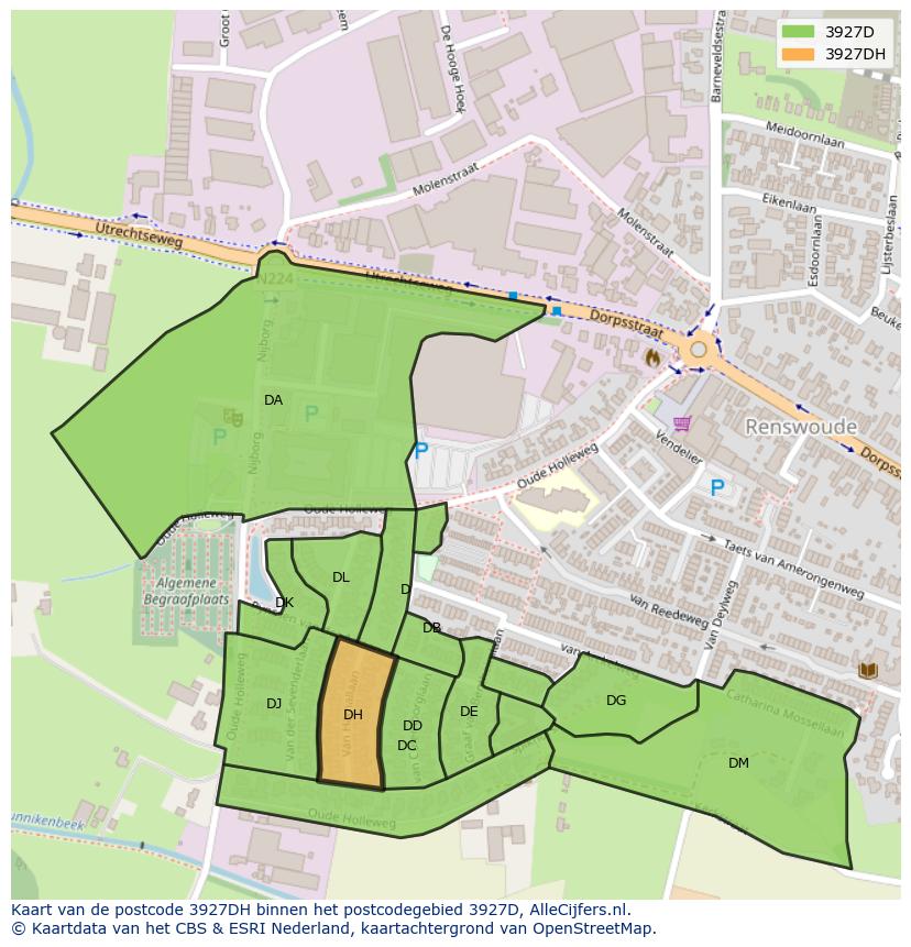 Afbeelding van het postcodegebied 3927 DH op de kaart.