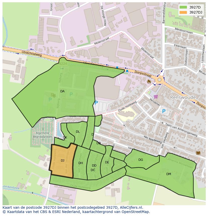 Afbeelding van het postcodegebied 3927 DJ op de kaart.