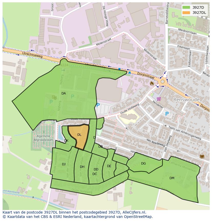 Afbeelding van het postcodegebied 3927 DL op de kaart.