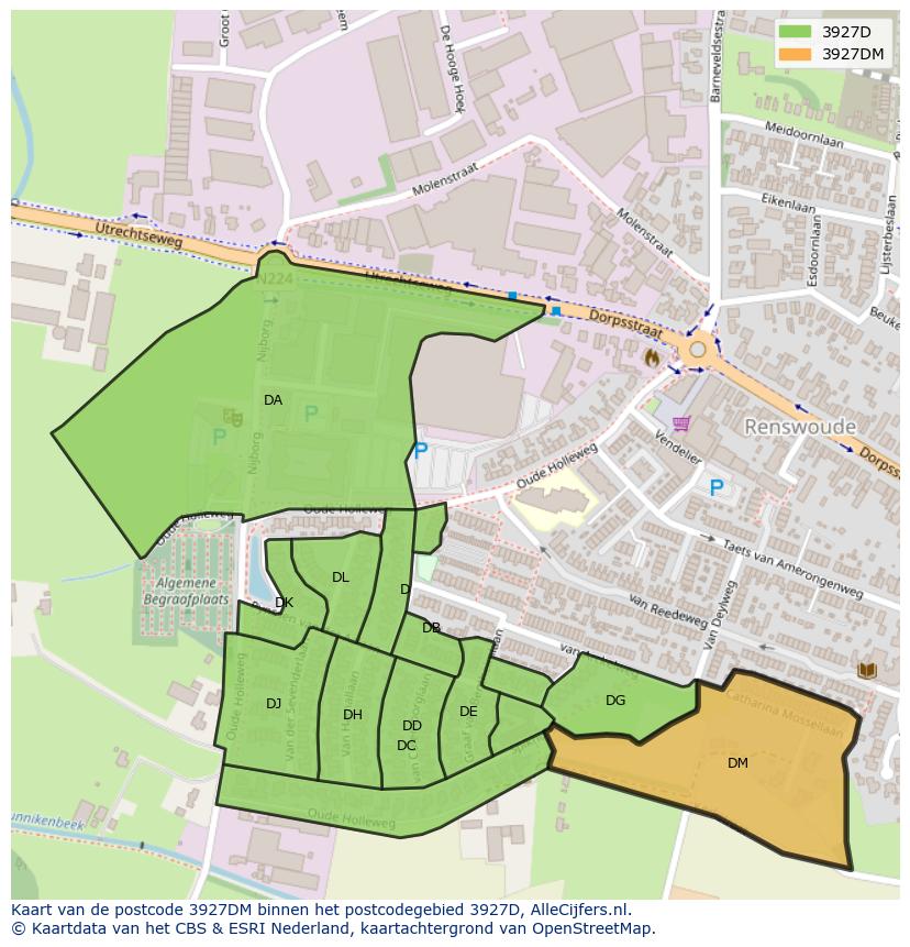 Afbeelding van het postcodegebied 3927 DM op de kaart.