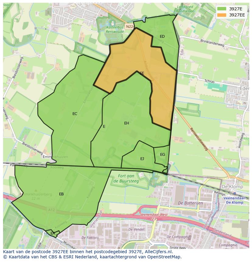 Afbeelding van het postcodegebied 3927 EE op de kaart.