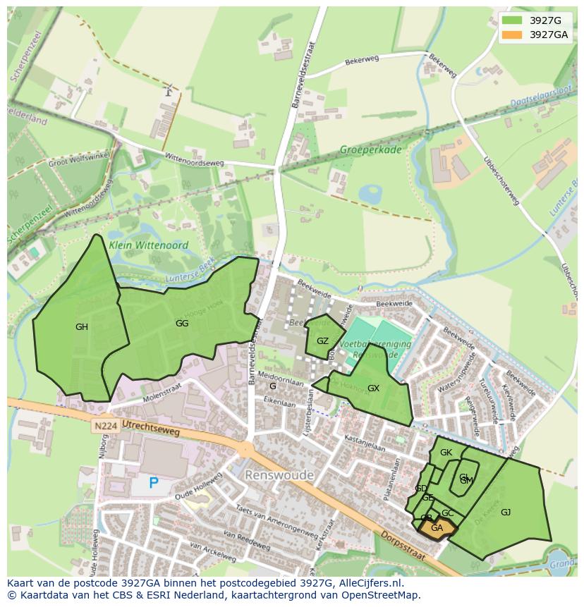 Afbeelding van het postcodegebied 3927 GA op de kaart.