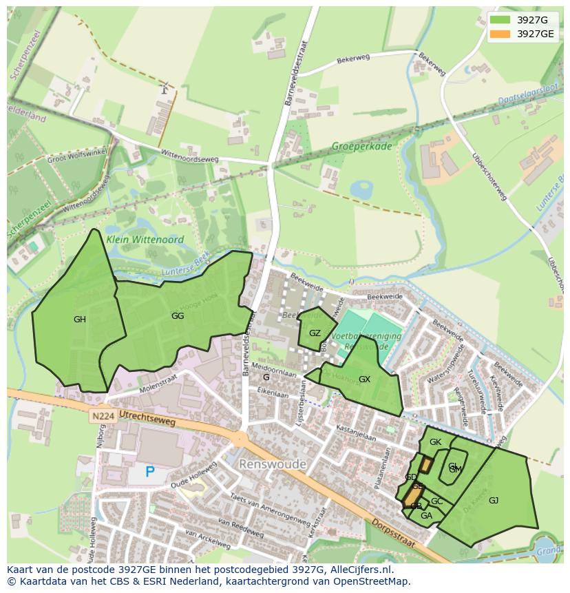 Afbeelding van het postcodegebied 3927 GE op de kaart.