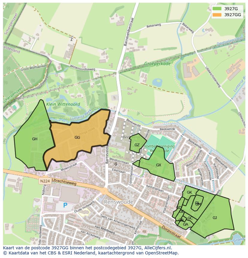 Afbeelding van het postcodegebied 3927 GG op de kaart.