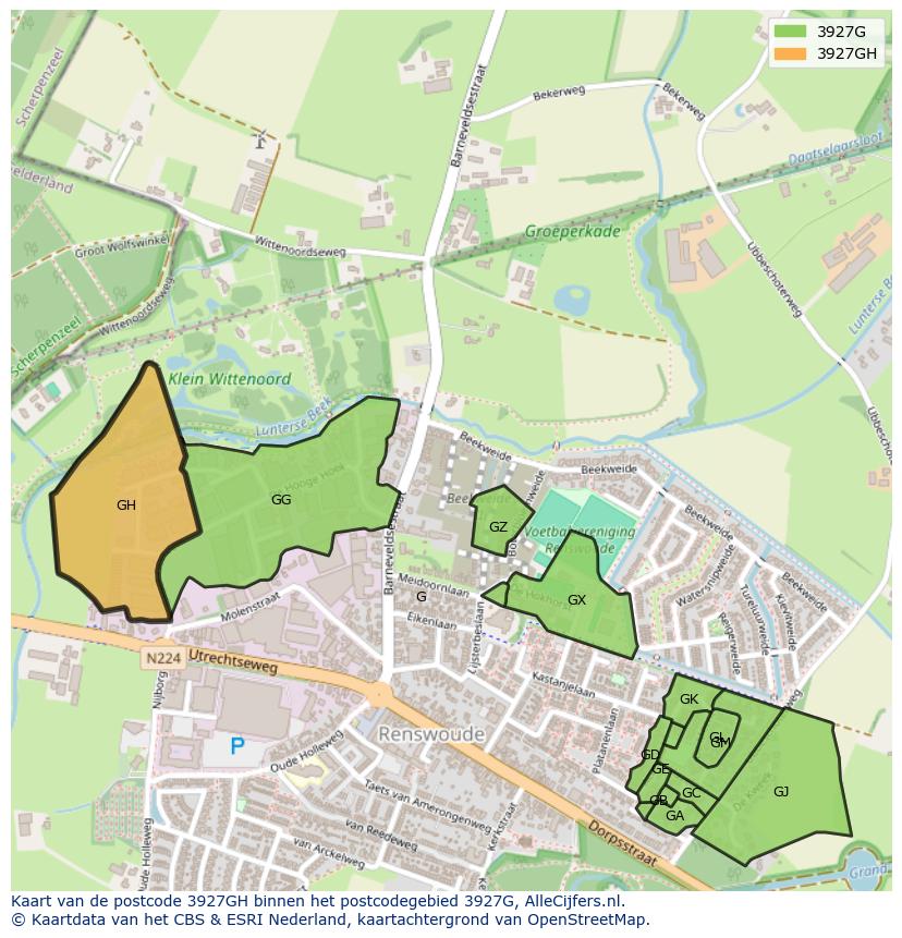 Afbeelding van het postcodegebied 3927 GH op de kaart.