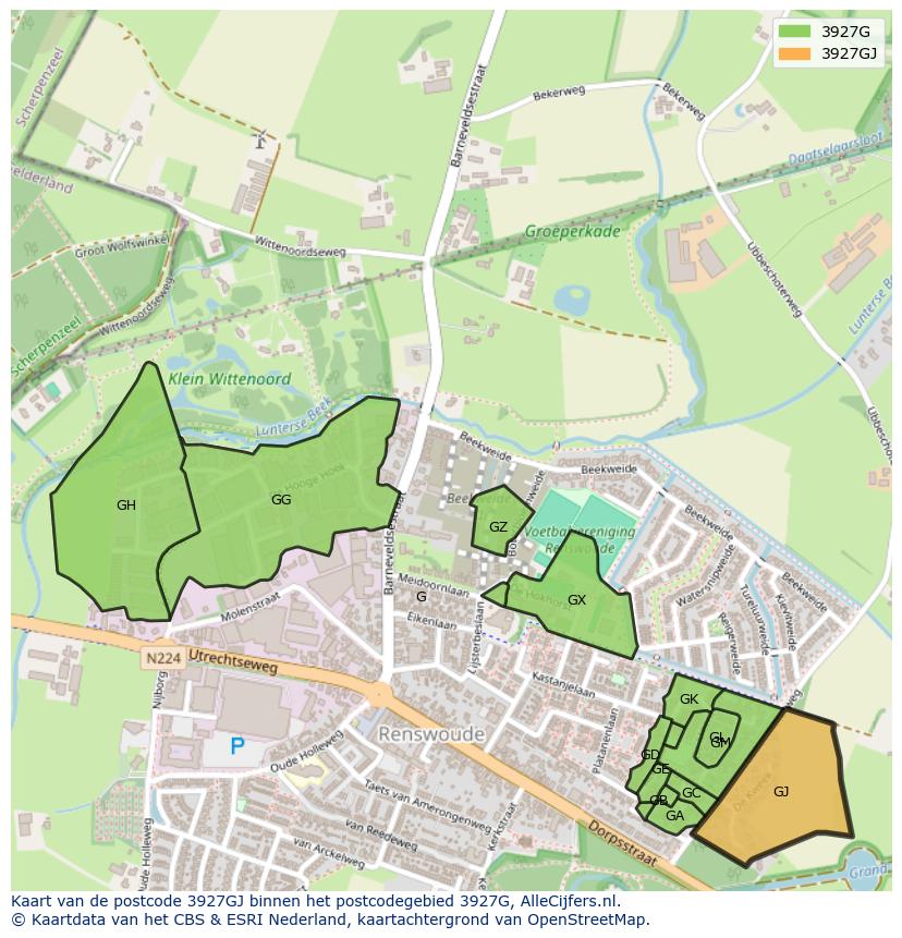 Afbeelding van het postcodegebied 3927 GJ op de kaart.