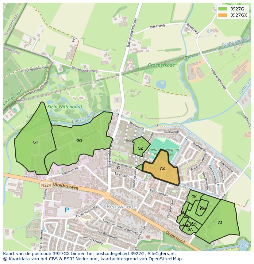 Afbeelding van het postcodegebied 3927 GX op de kaart.