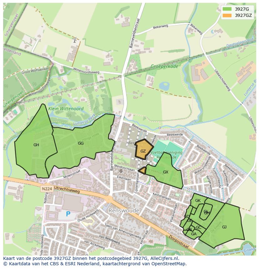 Afbeelding van het postcodegebied 3927 GZ op de kaart.