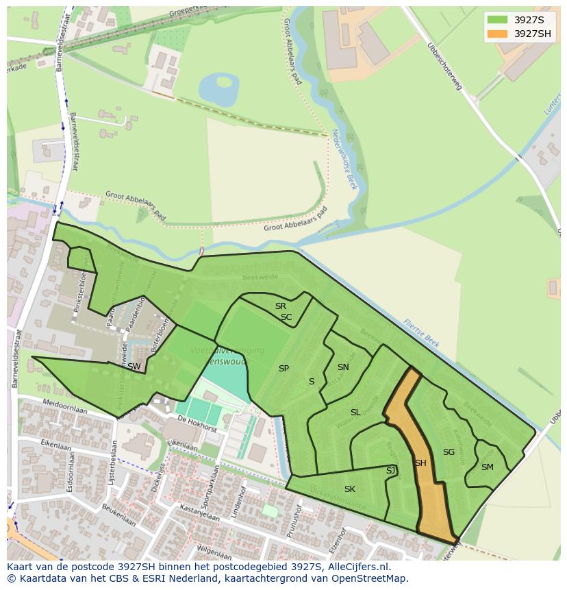 Afbeelding van het postcodegebied 3927 SH op de kaart.
