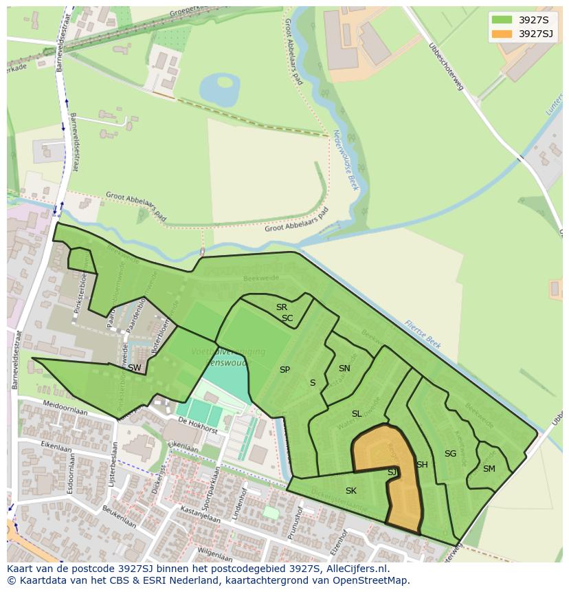 Afbeelding van het postcodegebied 3927 SJ op de kaart.