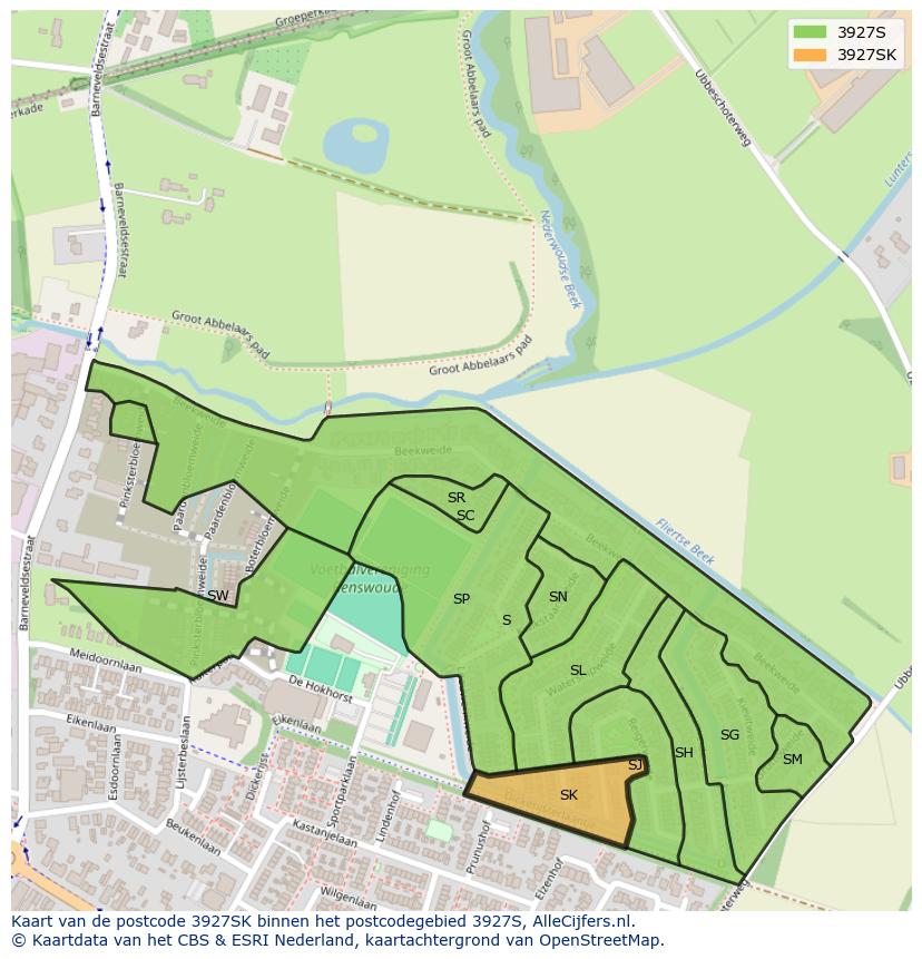 Afbeelding van het postcodegebied 3927 SK op de kaart.