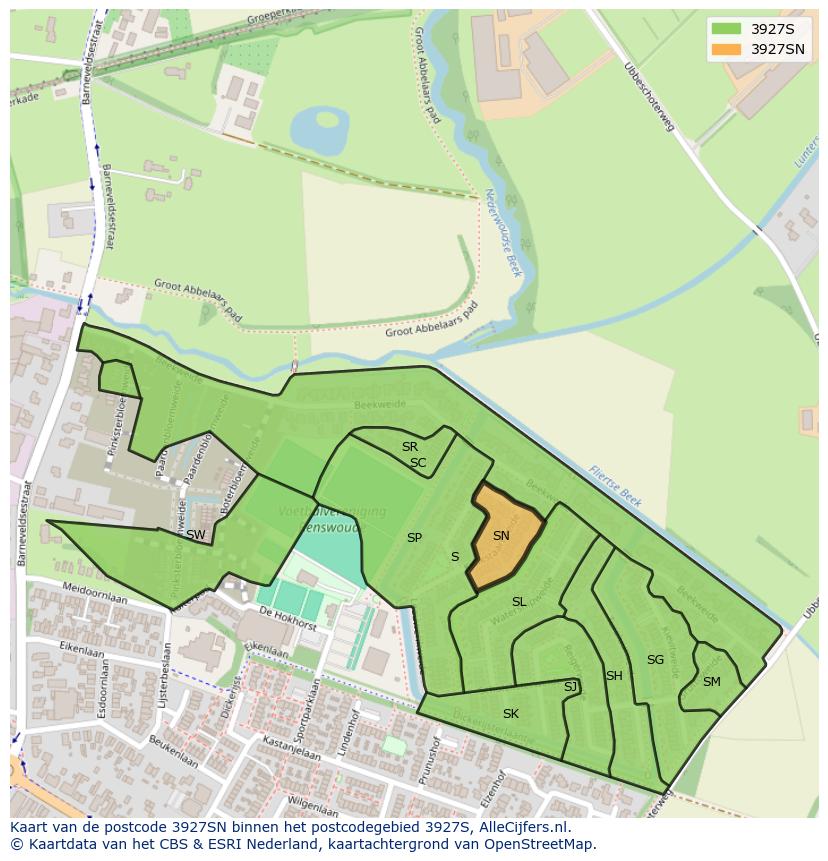 Afbeelding van het postcodegebied 3927 SN op de kaart.