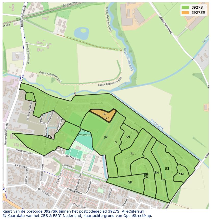 Afbeelding van het postcodegebied 3927 SR op de kaart.