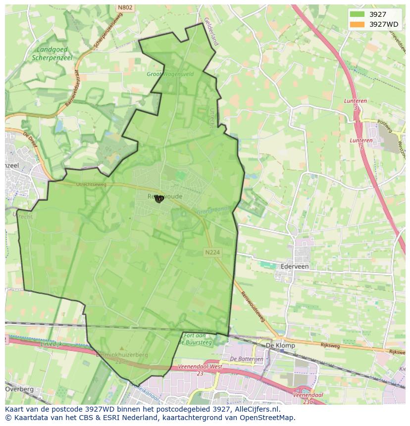 Afbeelding van het postcodegebied 3927 WD op de kaart.
