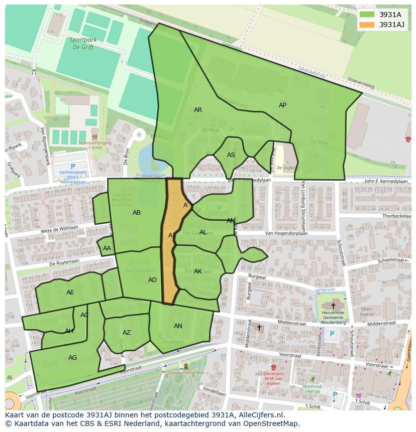 Afbeelding van het postcodegebied 3931 AJ op de kaart.