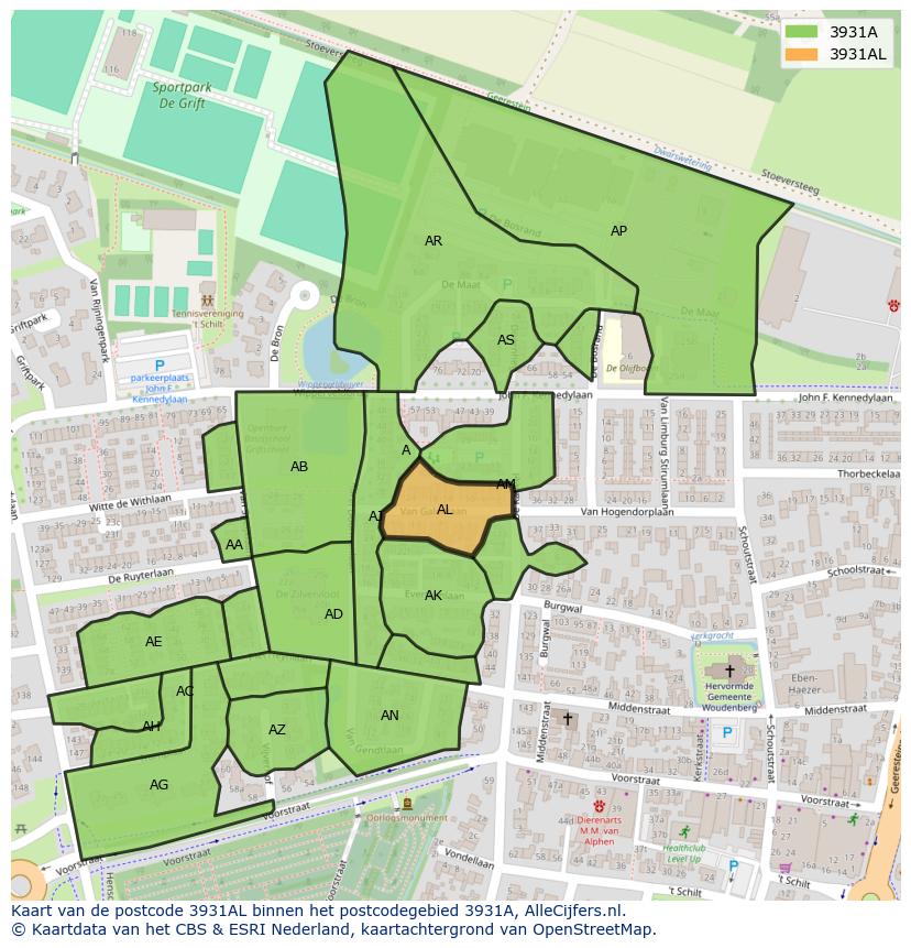 Afbeelding van het postcodegebied 3931 AL op de kaart.