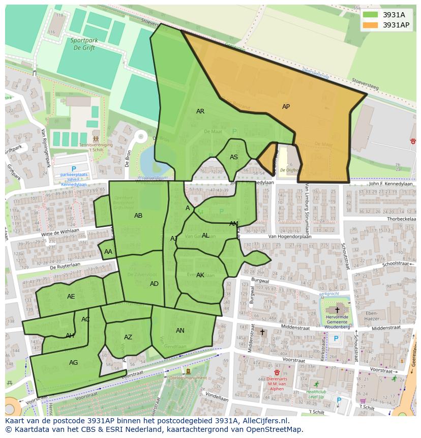 Afbeelding van het postcodegebied 3931 AP op de kaart.