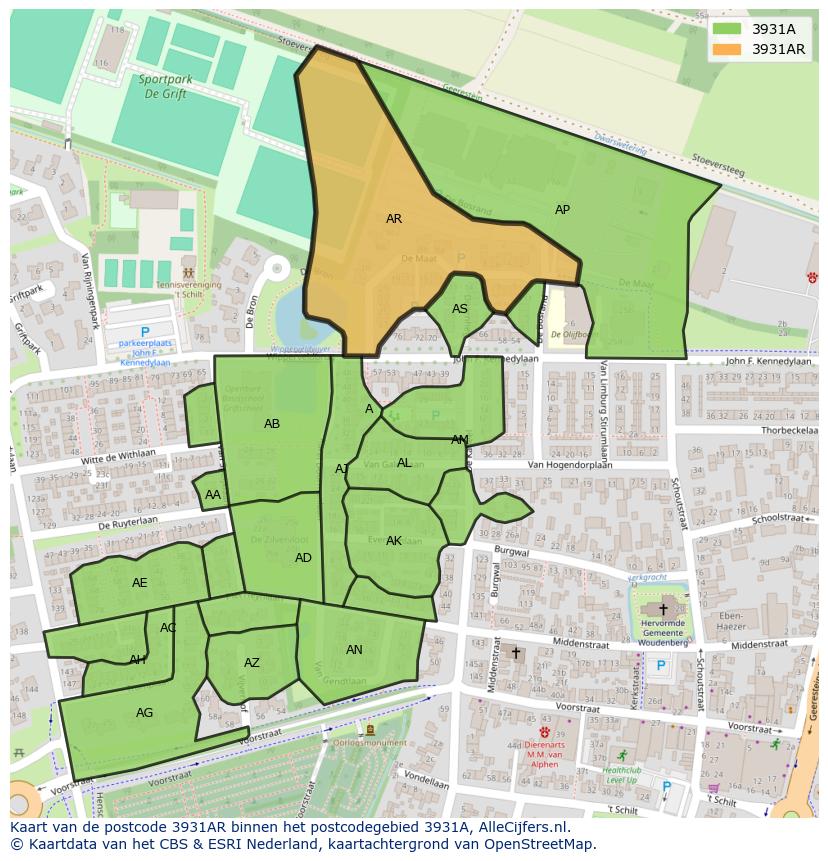 Afbeelding van het postcodegebied 3931 AR op de kaart.