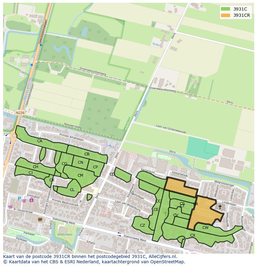 Afbeelding van het postcodegebied 3931 CR op de kaart.