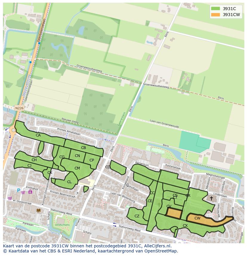 Afbeelding van het postcodegebied 3931 CW op de kaart.