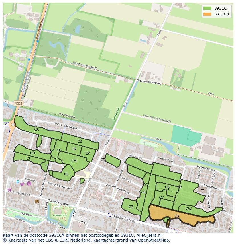 Afbeelding van het postcodegebied 3931 CX op de kaart.