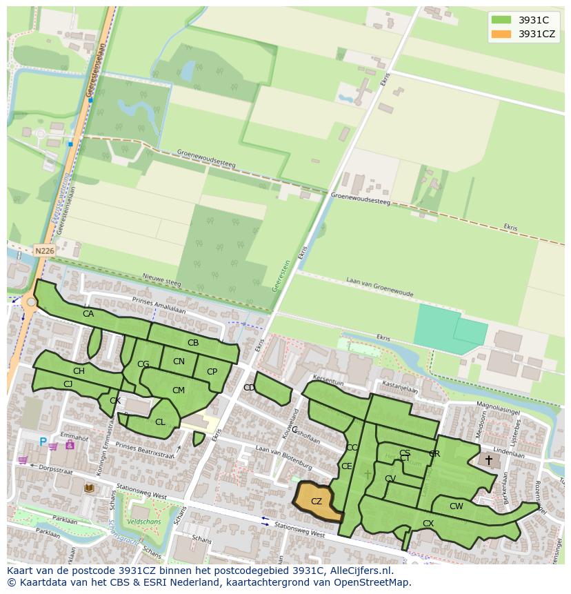 Afbeelding van het postcodegebied 3931 CZ op de kaart.