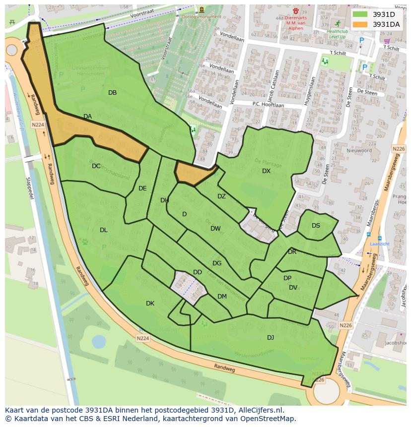 Afbeelding van het postcodegebied 3931 DA op de kaart.