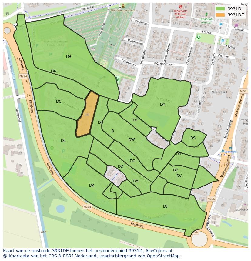 Afbeelding van het postcodegebied 3931 DE op de kaart.