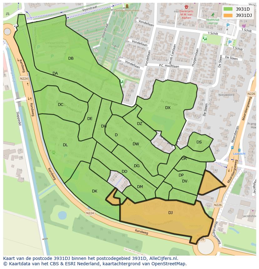 Afbeelding van het postcodegebied 3931 DJ op de kaart.