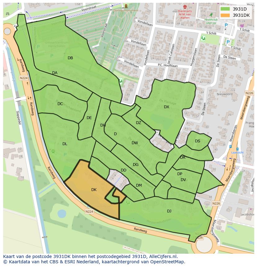 Afbeelding van het postcodegebied 3931 DK op de kaart.