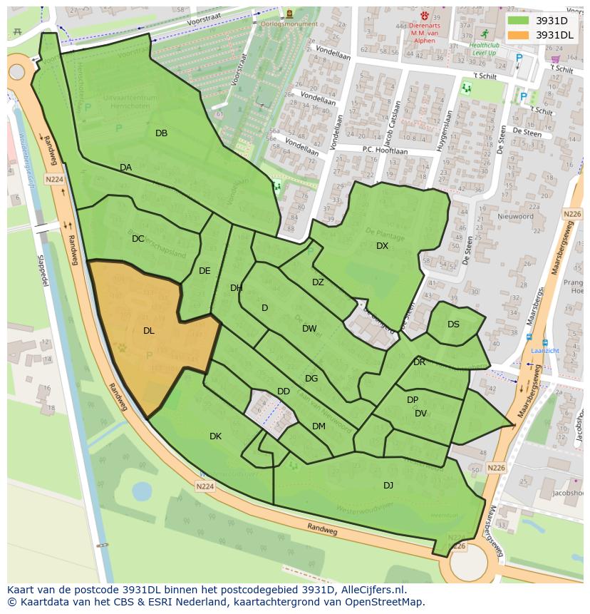 Afbeelding van het postcodegebied 3931 DL op de kaart.