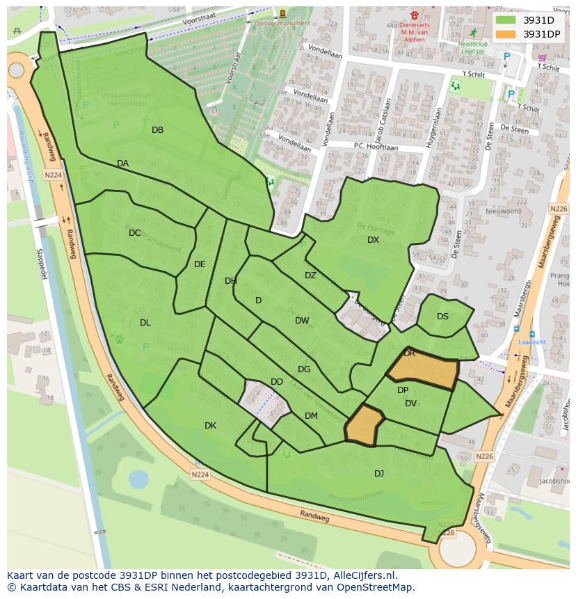 Afbeelding van het postcodegebied 3931 DP op de kaart.
