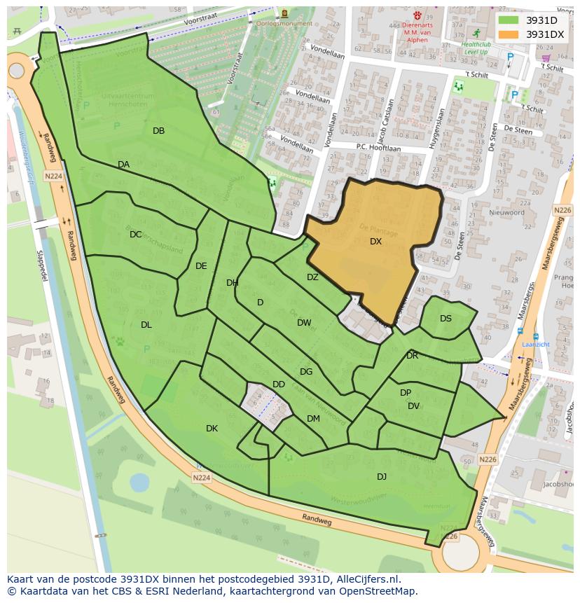 Afbeelding van het postcodegebied 3931 DX op de kaart.