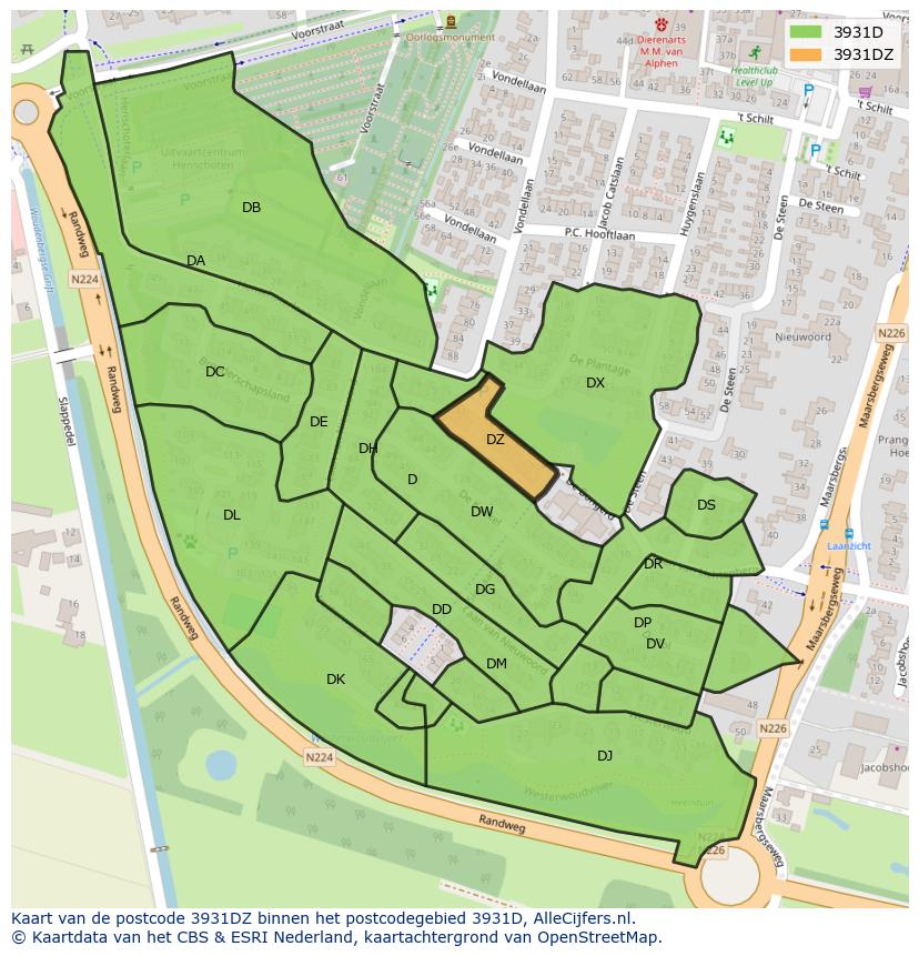 Afbeelding van het postcodegebied 3931 DZ op de kaart.
