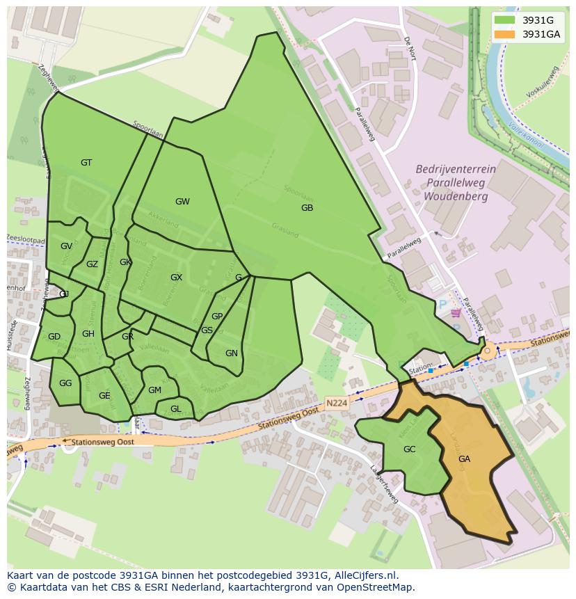Afbeelding van het postcodegebied 3931 GA op de kaart.