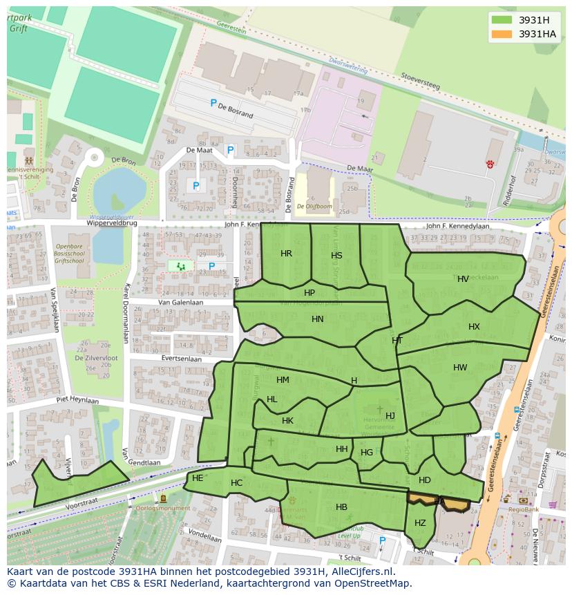 Afbeelding van het postcodegebied 3931 HA op de kaart.