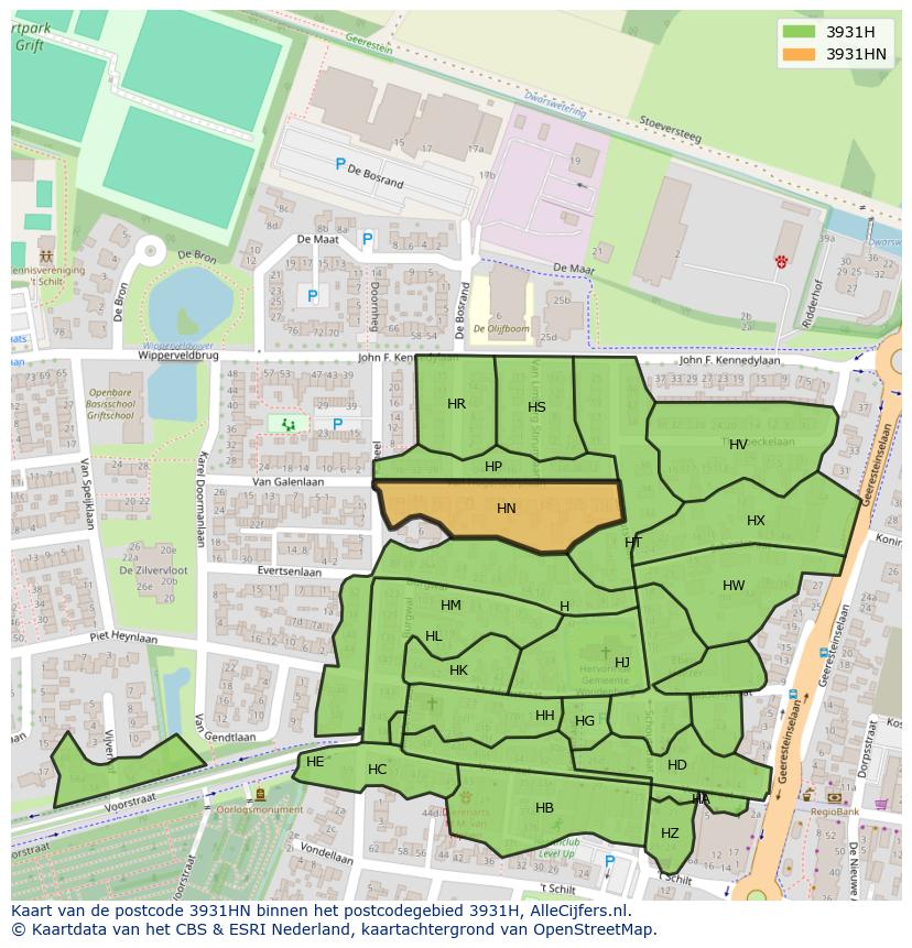 Afbeelding van het postcodegebied 3931 HN op de kaart.