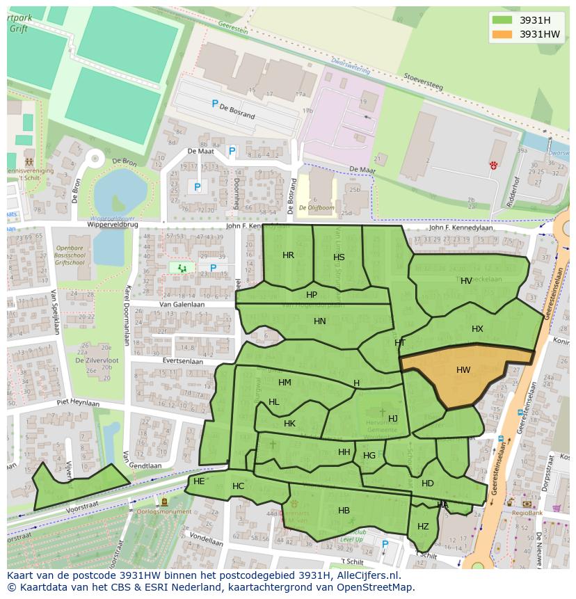 Afbeelding van het postcodegebied 3931 HW op de kaart.