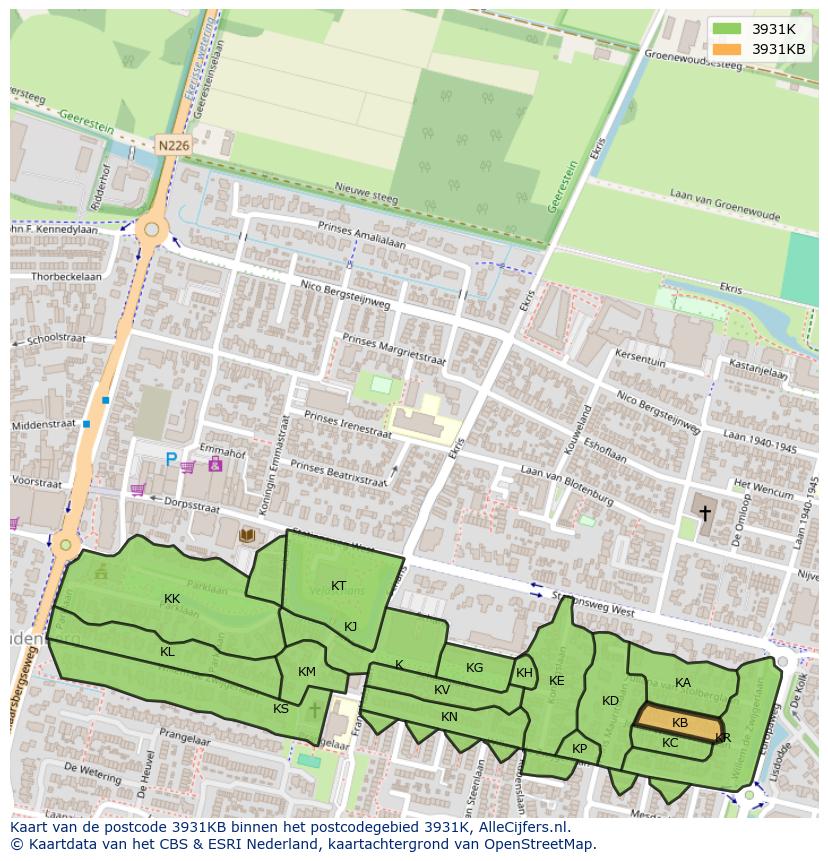 Afbeelding van het postcodegebied 3931 KB op de kaart.