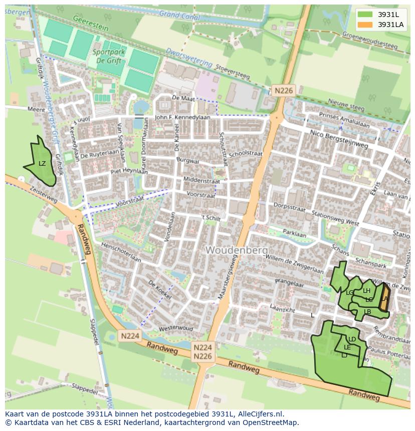 Afbeelding van het postcodegebied 3931 LA op de kaart.