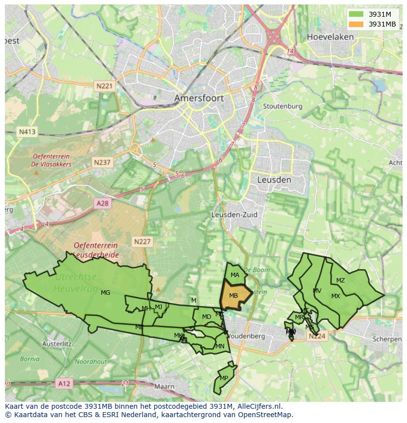 Afbeelding van het postcodegebied 3931 MB op de kaart.