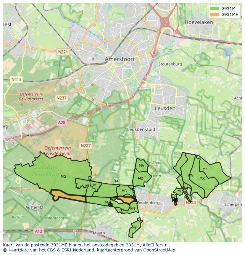 Afbeelding van het postcodegebied 3931 ME op de kaart.