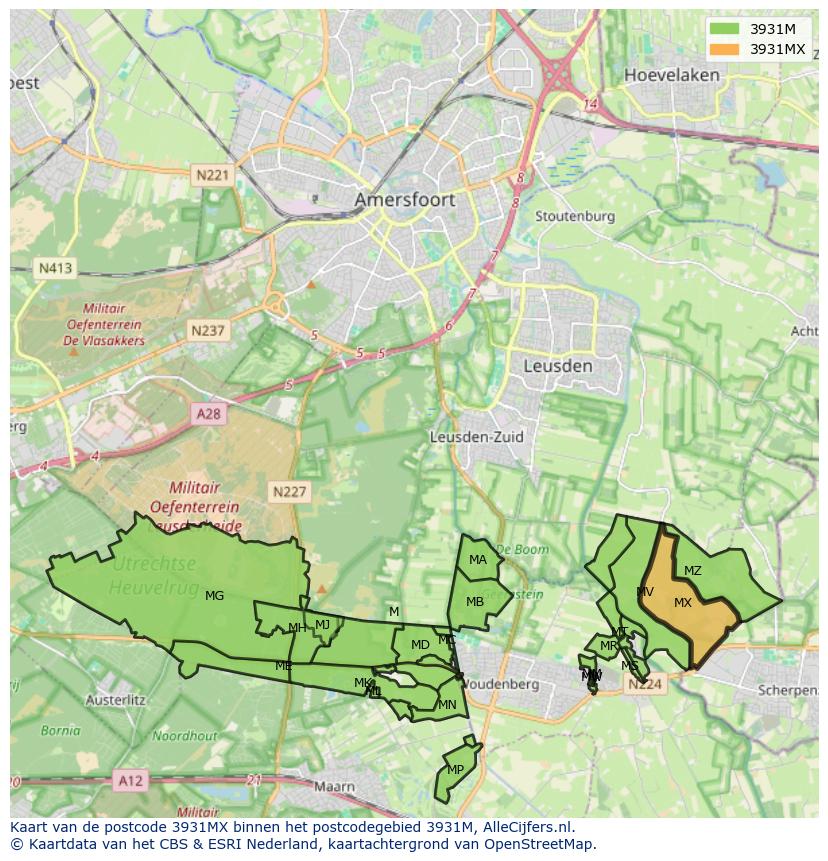 Afbeelding van het postcodegebied 3931 MX op de kaart.