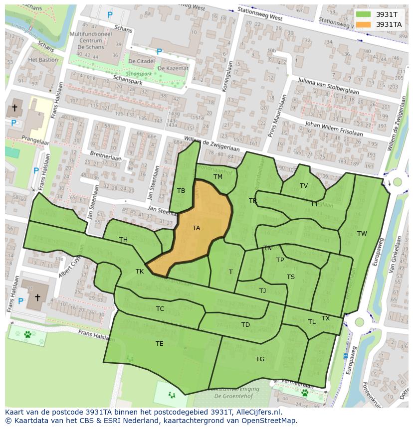 Afbeelding van het postcodegebied 3931 TA op de kaart.